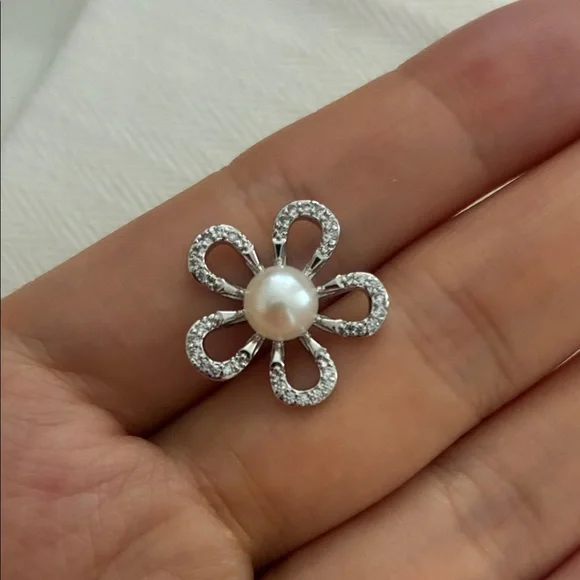 Silver Flower Pearl Earrings | Sterling Silver Posts | Holiday Gift for Her - Picture 5 of 7